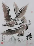 Gong Naichang, Untitled, TWO EAGLES, finger ink on paper, signed and sealed