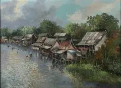 Southeast Asian School, Native Huts by Lagoon, Po Malokosel (?) and dated 1968, oil on canvas
