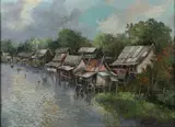 Southeast Asian School, Native Huts by Lagoon, Po Malokosel (?) and dated 1968, oil on canvas