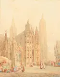 Henry Thomas Schafer, Flower Stall and Cathedral, Watercolor