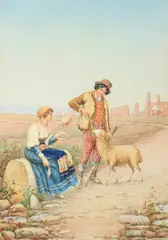 Carlo Ferranti, The Sheep'S Reward in the Roman Campagna, Watercolor