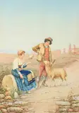 Carlo Ferranti, The Sheep'S Reward in the Roman Campagna, Watercolor