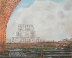 J. Eugene Gardner, New York Hospital from the Queensboro Bridge, Pastel on board.