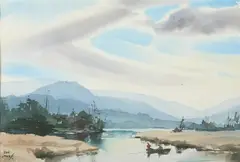 John Pike, Mountain Landscape with Lake and Fishermen, Watercolor
