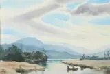 John Pike, Mountain Landscape with Lake and Fishermen, Watercolor