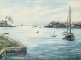 Percy A. Sanborn, Sailboats in Cove, Watercolor