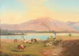 Continental School, Shepherdess with Dog and Flock, Oil on canvas