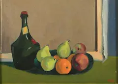 Claudio Gerbi, Still Life with Bottle and Fruit, Oil on panel