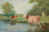 Cows at New England Pond by American School, COWS AT NEW ENGLAND POND, oil on board, sold Sep 2009