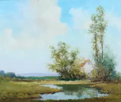 Arno Bretsnyder, Landscape with Cottage in the Trees, Oil on canvas