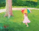 Henrietta Milan, Girl in Pink Dress with Umbrella, Oil on canvas