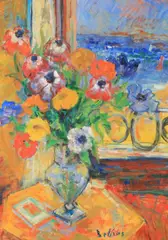 Richard Bellias, Vase of Anemones by a Window, Oil on canvas