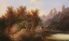 A. Hurtz, Rustic Mountain Cabin Near Lake, Oil on canvas