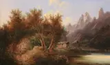 A. Hurtz, Rustic Mountain Cabin Near Lake, Oil on canvas