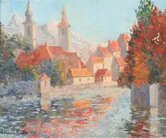 Stein on the Danube by Hildegarde Hume Hamilton, Oil on canvas, sold Sep 2009
