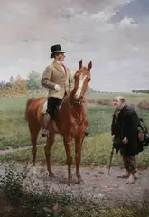 Continental School, Gentleman on Horseback with Pauper, Oil on canvas