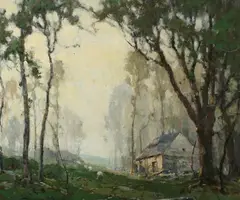 Chauncey Foster Ryder, Sheep and Cottage in Grove of Tall Trees, Oil on canvas