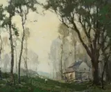 Chauncey Foster Ryder, Sheep and Cottage in Grove of Tall Trees