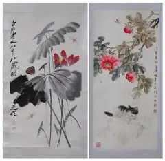 Wang Hsueh-tao, PEONY BRANCH OVER FIGURE OF CAT, together with AFTER QI BAISHI (Chinese, 1864-1957), DRAGONFLY AND LOTUS , two ink and color on paper scrolls, signed and sealed