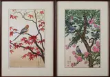 Tōshi Yoshida, SONG BIRDS ON FLOWERING TREE and AUTUMN LEAVES, two color woodblocks