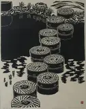Hiratsuka Un-Ichi, Stepping Stone in the Afternoon, AT NARA ISUI PARK, woodcut, signed and dated 1960 in pencil, sealed.