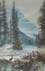 Marmaduke Matthews, Elk in Snowy Landscape, Watercolor