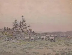John Henry Renshawe, Sheep Grazing on High Desert Plateau, Watercolor
