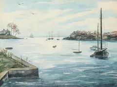 Percy A. Sanborn, Sailboats in Cove, Watercolor