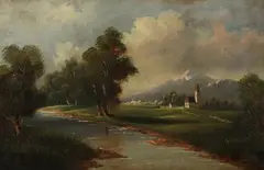 R. Powell, River Landscape with Church and Distant Town, Oil on canvas