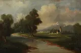 R. Powell, River Landscape with Church and Distant Town, Oil on canvas