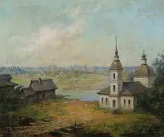 Leonid Sollogub, Landscape with Church, LANDSCAPE WITH CHURCH, oil on canvas