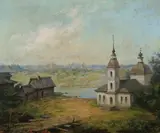 Leonid Sollogub, Landscape with Church, LANDSCAPE WITH CHURCH, oil on canvas