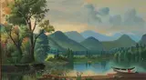 Lake Landscape with Canoe by American School, Oil on canvas, sold Nov 2009