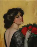 Woman with Bouquet of Roses by American School, WOMAN WITH BOUQUET OF ROSES, oil on canvas, sold Nov 2009
