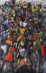 Miss Guy, Animated Gathering, Oil on board