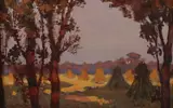 Leon Makielski, Hay Field Through Trees, Oil on board