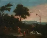 Two Shepherds with Flock by Continental School, TWO SHEPHERDS WITH FLOCK, oil on canvas laid on board, sold Nov 2009