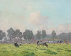 Gerard Jacobs, Cows in Spring Meadow with Distant Village, Oil on canvas