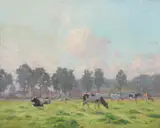 Gerard Jacobs, Cows in Spring Meadow with Distant Village, Oil on canvas