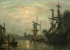 Johan Jongkind, Harbor Scene with Windmill, Oil on panel