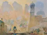 Boris Aleksandrovich Brinskih, Man on Mule with Samarkand in Distance, Oil on canvas