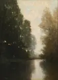 Robert Crannell Minor, River Landscape at Dawn, Oil on board
