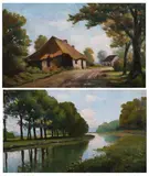 COTTAGE WITH THATCHED ROOF and BEND IN THE RIVER: TWO WORKS by Continental School, COTTAGE WITH THATCHED ROOF and BEND IN THE RIVER: TWO WORKS, oil on board, sold Feb 2010