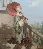 Lady with Parasol by Continental School, Oil on panel, sold Feb 2010