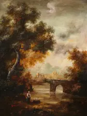 Gilbert, Fishing by the Arched Bridge, Oil on copper