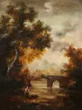 Gilbert, Fishing by the Arched Bridge, Oil on copper