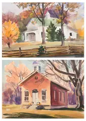 Ernest W. Spring, FALL LANDSCAPE WITH BARN and MEETING HOUSE: TWO WORKS, first, Watercolor - First