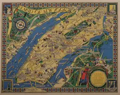 Russell Patterson, A Map of New York: A Chart neither too Literal nor too Emotional, showing the city New York replete with the wondrous Spectacles, Color lithograph poster