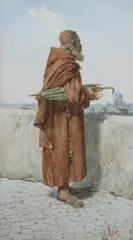 Monk with Umbrella on Rooftop by Edouard Vitali, Watercolor, sold Feb 2010