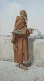 Edouard Vitali, Monk with Umbrella on Rooftop, Watercolor